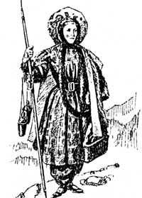 Henriette d'Angeville pierwsza kobieta na Mont Blanc (4808) w 1838 roku. Ma na sobie długie spodnie i na wierzchu długą suknię. Damy także w górach musiały zostać kobietami