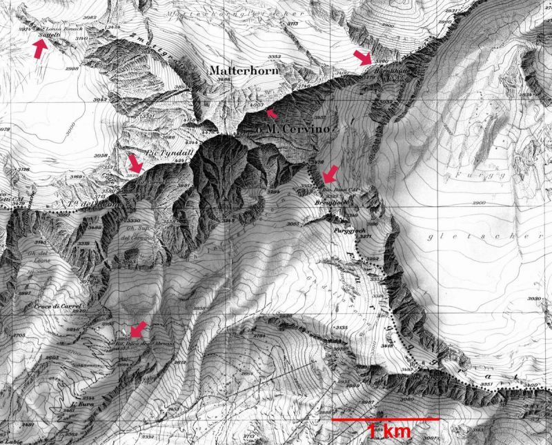 Lokalizacja schroniski i schronów w okolicach Matterhornu